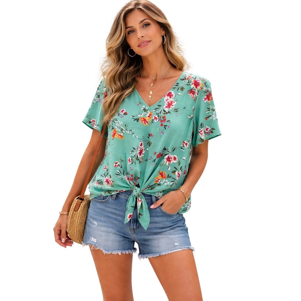 Nine Britton Blouse Womens Medium Green Floral Tie Front V-Neck Short Sleeve Top